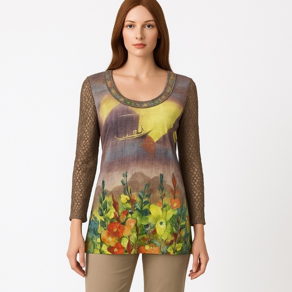 Elena Wang Boho Blouse XL Multicolor Floral Art Print Crochet Lace Sleeve Blouse